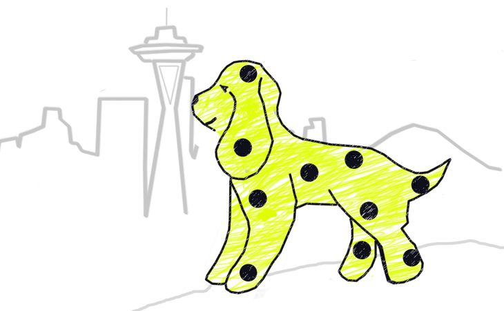 hand drawn cocker spaniel Pickles with Seattle skyline in background